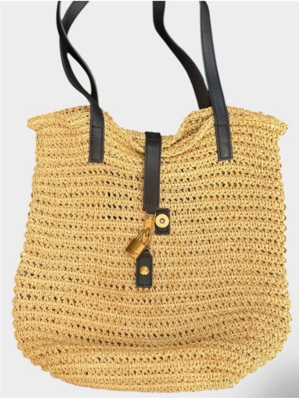 Kurt Geiger Brixton Natural Raffia Tote Black Leather Signature Lock EUC $200